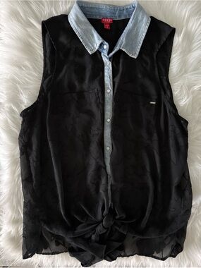 🖤 GUESS - Sheer Black Devoré Tie-Front Sleeveless Top • Denim Trim 🖤